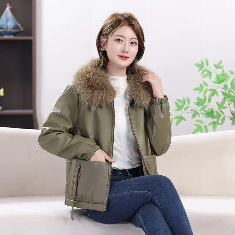 Damenjacken Herbst/Winter Lässige Mode Joker Gerade Mit Pelzkragen Reißverschluss Plus Samt Lederjacke Leder Damenmantel