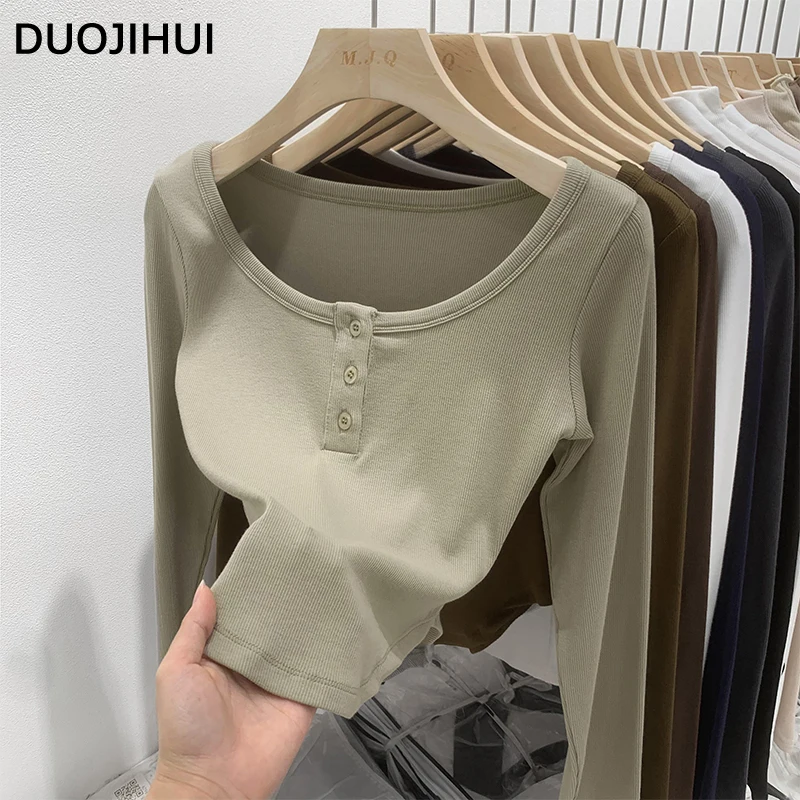 DUOJIHUI Navy Blue Autumn Sexy Chicly Button Women T-shirts Basic O-neck Simple Casual Fashion Solid Color Slim Female T-shirts