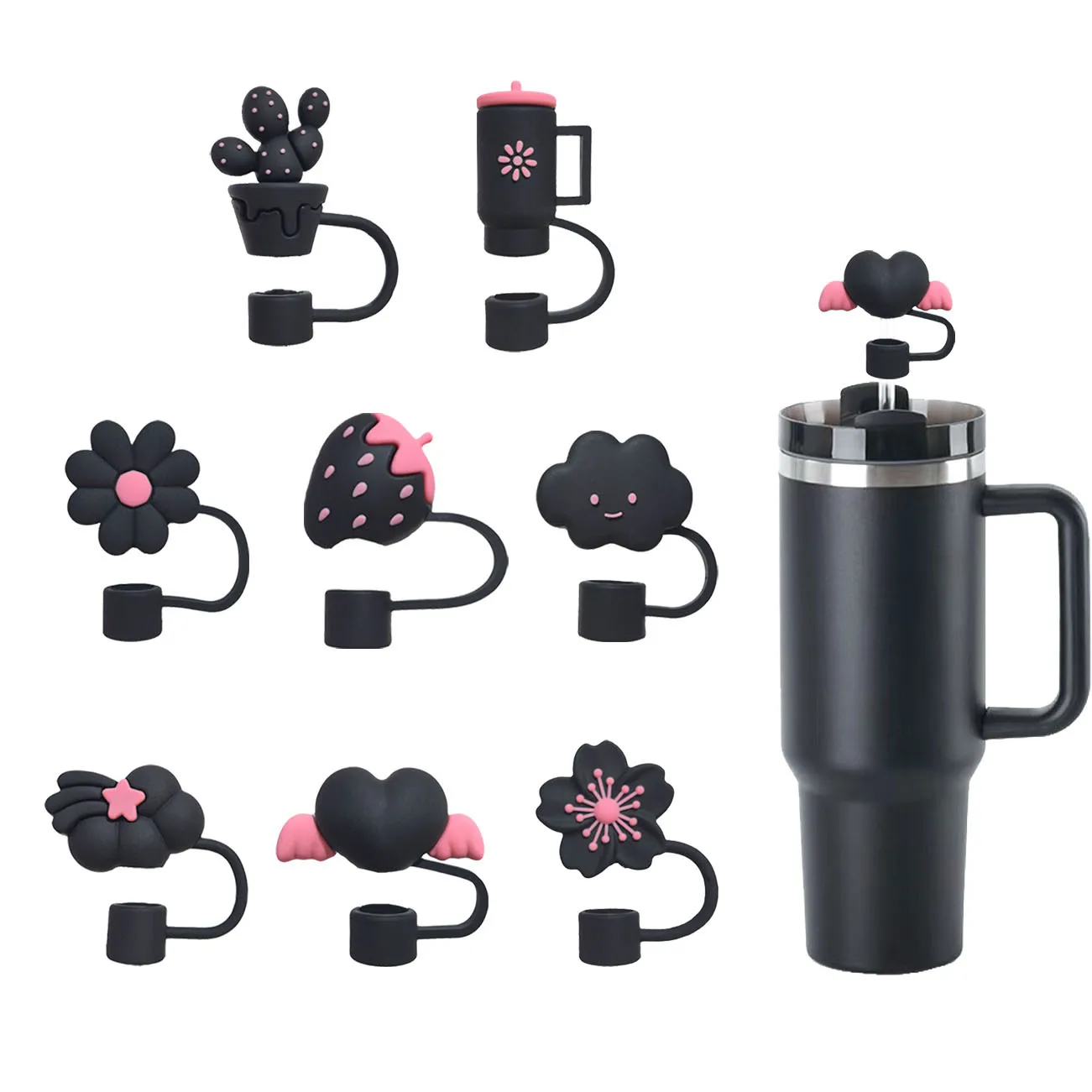 8Pcs/set Black Flower Straw Cover Cap For Stanley Cup Reusable 10mm Silicone Straw Topper Compatible 30&40 Oz Tumbler Cover