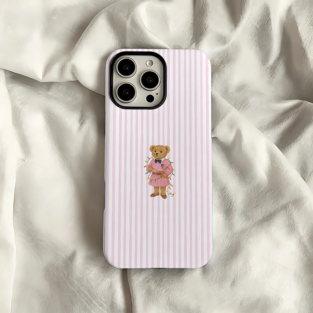 Pink Striped Teddy Bear Phone Case for Samsung Galaxy S20 S23 S24 S25 26 FE Plus Ultra Edge 4G 5G Luxury Double-layer Back Cover