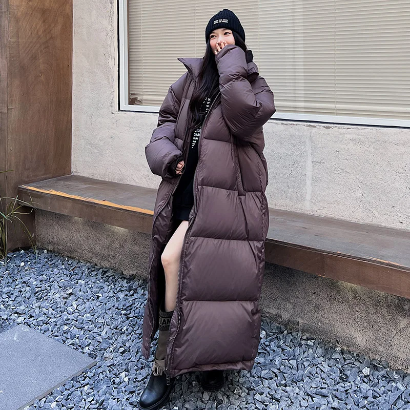 2023 New Long Down Coat Jacket Women Stand Collar Fashion Design Super Long Ankle Length Loose White Duck Down Winter Overcoat