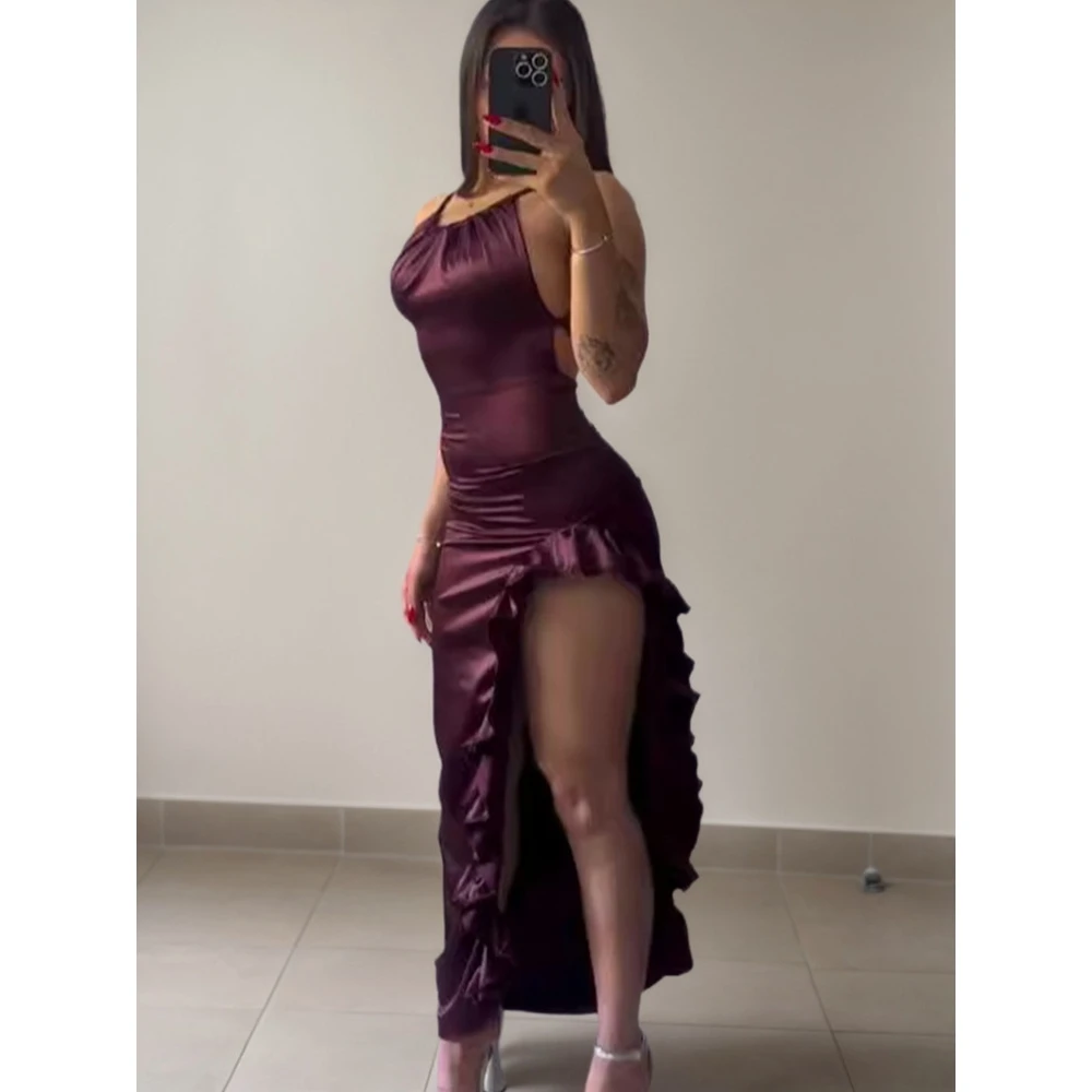 Sexy Backless Strap Dress High Waist Asymmetrical Hem Silk Glowing Polyester Fiber Tube Skirt for Travel And Other Occasions view 3