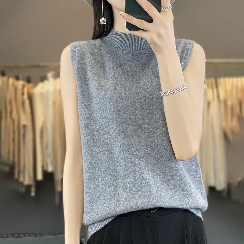 100% Merino Wool Women\'s Semi-turtleneck Sleeveless Pullover Solid Color Basic Women\'s Sweater Knit Top