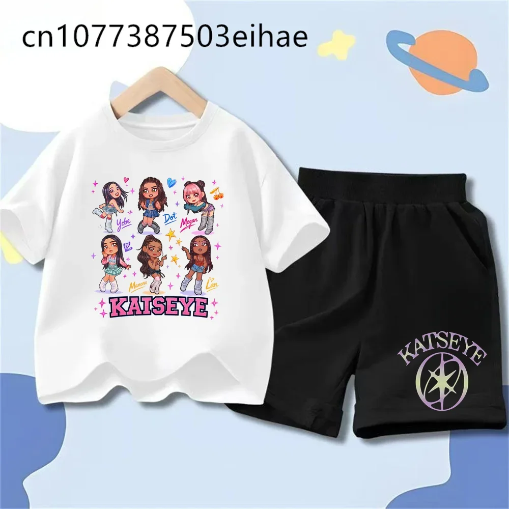Katseye Girl Group Printed Life Casual T-shirts Summer Short Sleeve Children Fashion Casual Matching Two Piece Shorts Set Daily