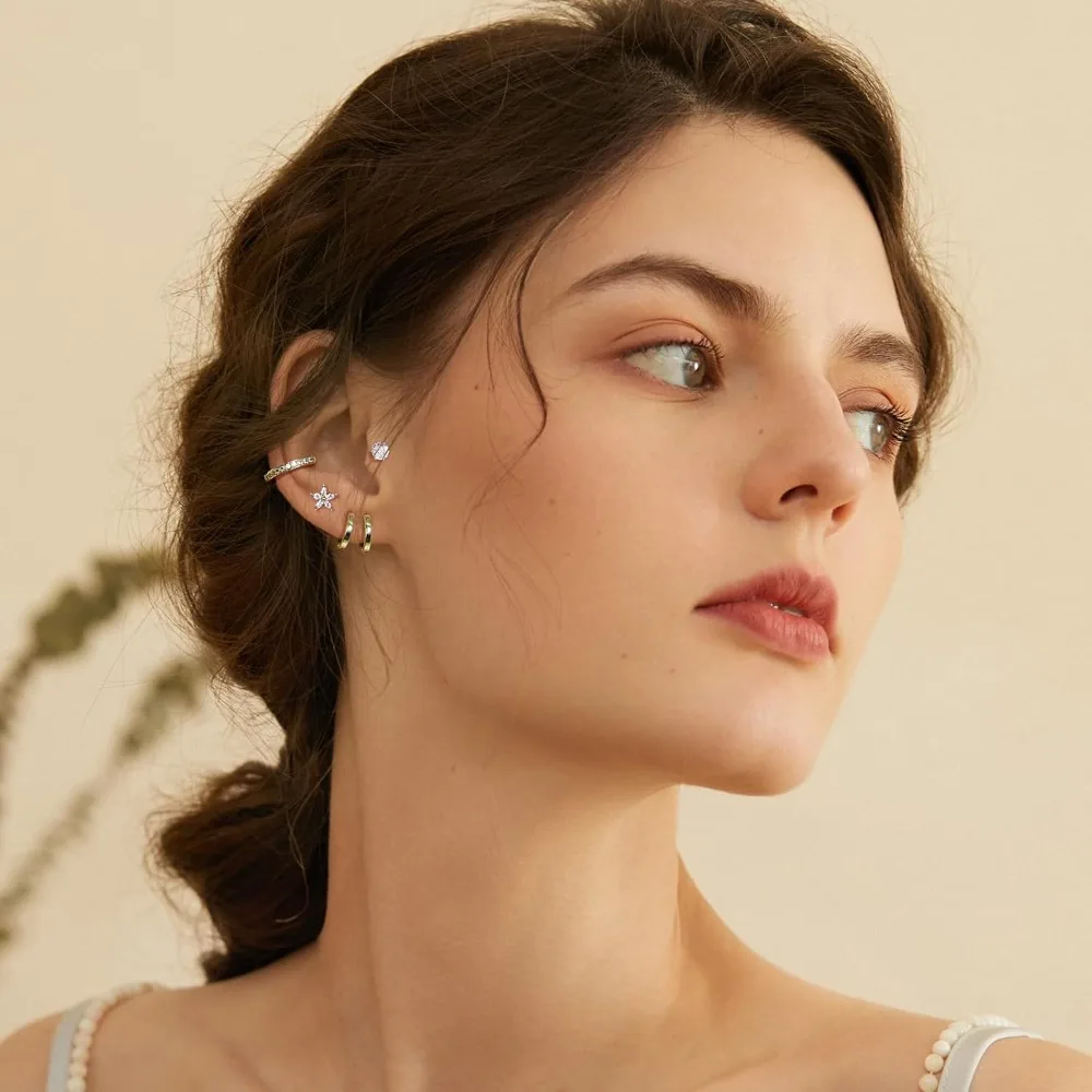 

14K Gold Plated CZ Stud Earrings Set for Women Small Flower Heart Huggie Hoops Hypoallergenic Jewelry Gift