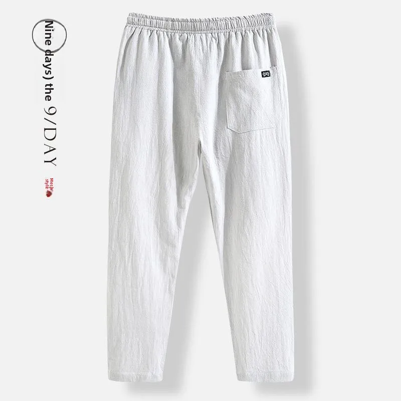 

Men's Summer Casual Pants Loose Ice Silk Straight Leg Thin Cotton Linen Nine Point Trendy Trousers Khaki Color Straight Leg