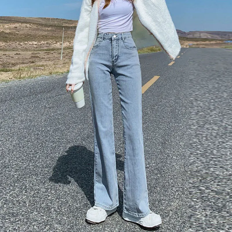 Light Wa Micro Flare Jeans Mujer Slim Fit Cintura alta Adelgazante Tamaño ort Ajustado Elástico Hasta el suelo Pezuña