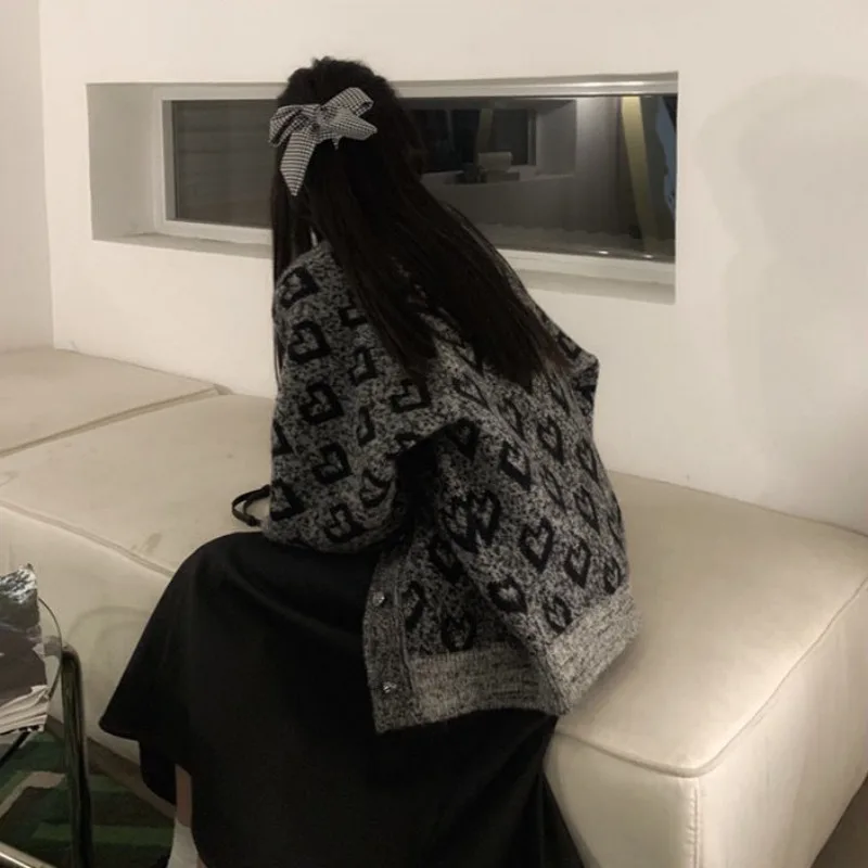 Deeptown Vintage Korean Style Knit Cardigan Youthful Woman Japanese Oversized Sweaters Female Aesthetic Elegant Loose Coats