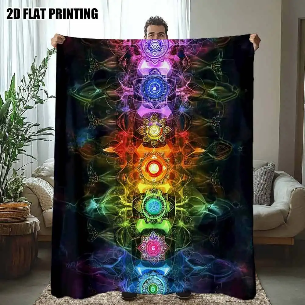 Rainbow Seven Chakra Mandala Lotus Print Flannel Throw Blanket, Light Cozy Couch Cover, Spiritual Decor Gift Yoga Lovers Bedroom