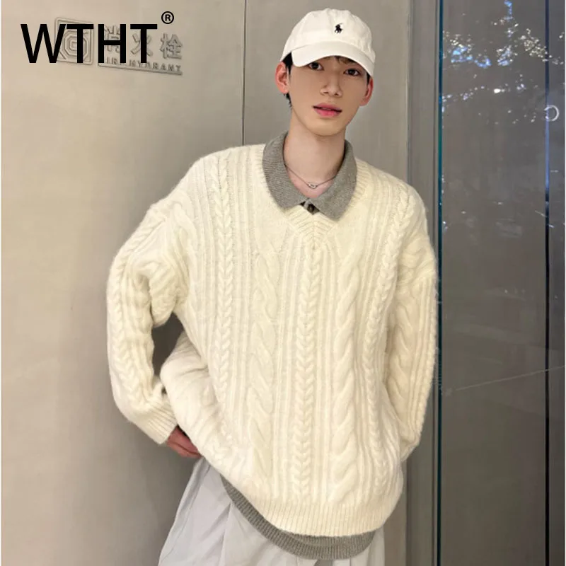 

WTHT модный осенний мужской однотонный текстурированный вязаный свитер 2024, модный повседневный пуловер с v-образным вырезом и длинными рукавами, мужской 2A1908