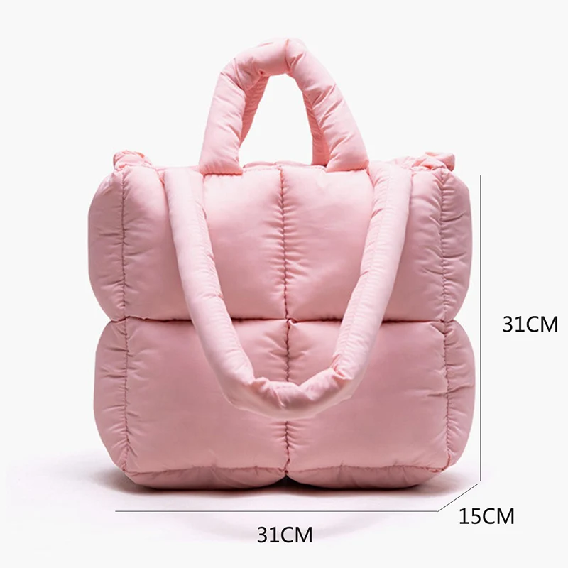 Bolso de mano acolchado rosa para mujer, bolsos de diseñador de marca, bolsos de hombro de algodón de plumón, bolso de axilas grande cálido para