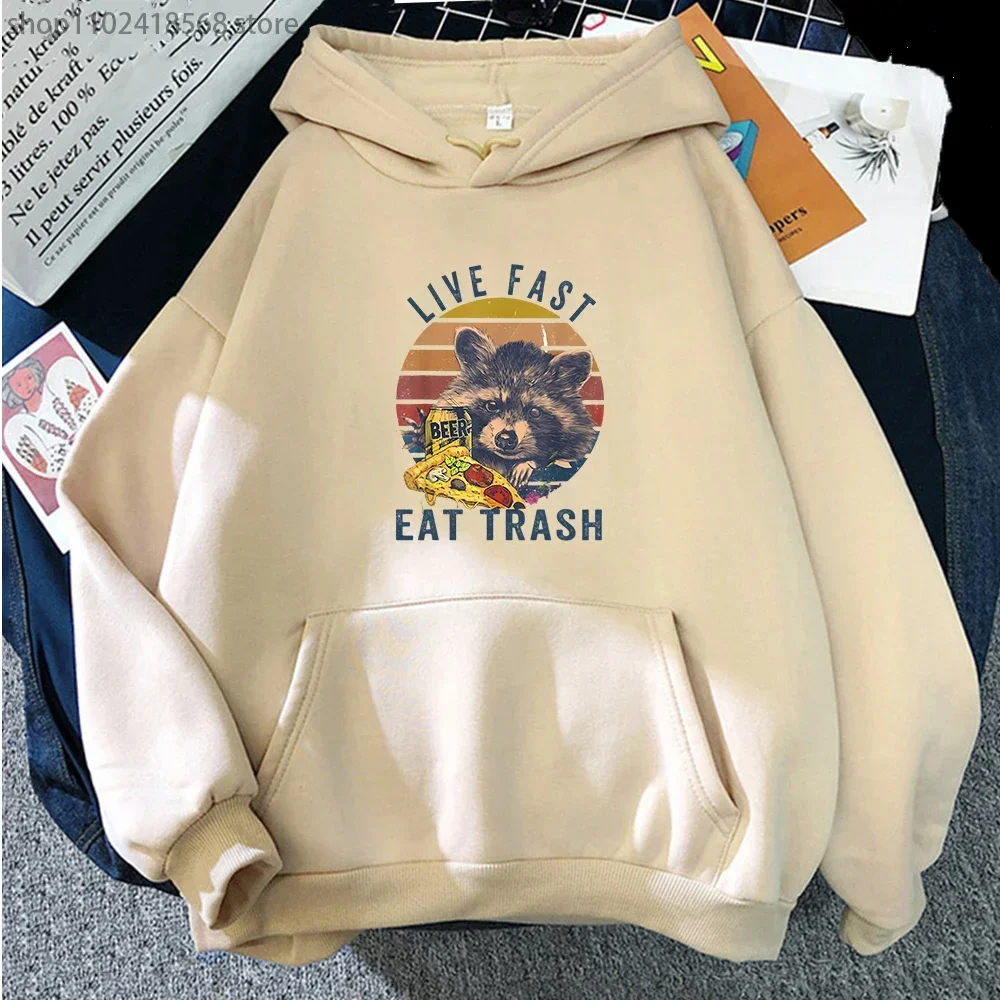 

Live Fast Eat Trash Raccoon Hoodies Animal Cartoon Printing Sweatshirts Streetwear Women Kawaii Casual Harajuku Aesthetic Hooded