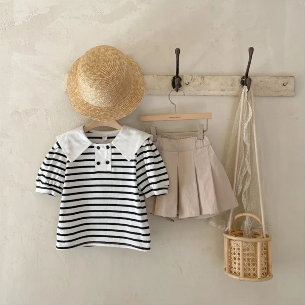 

T-shirt Tops+pleated Shorts Kids Children Birthday Clothes 2025 Fashion Girls Baby Summer Clothing Set Navy Big Collar Striped