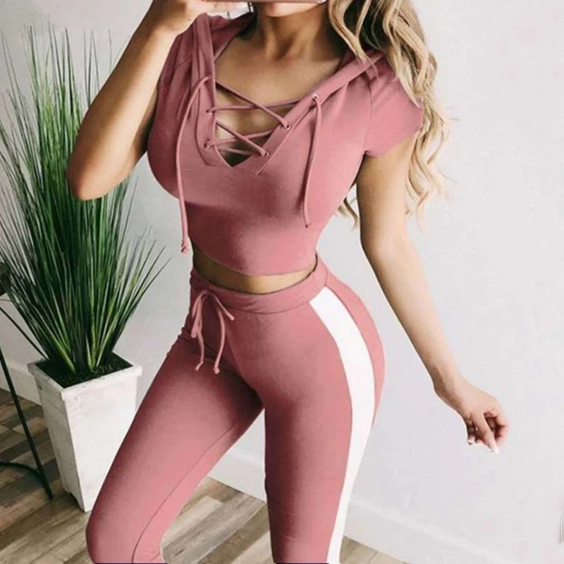 Frauen Casual Sport Anzug Crop Top Yoga Fitness Leggings Sport Mit Kapuze + Hosen Damen Zwei-stück