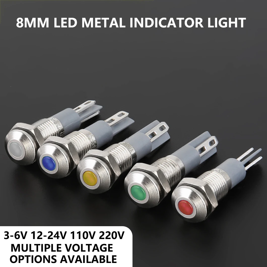 20PCS/Lot 8MM LED Signal Pilot Light AC/DC 3-6V/12-24V/110V/220V Mini Waterproof Metal Indicator light with 2Pin Terminal