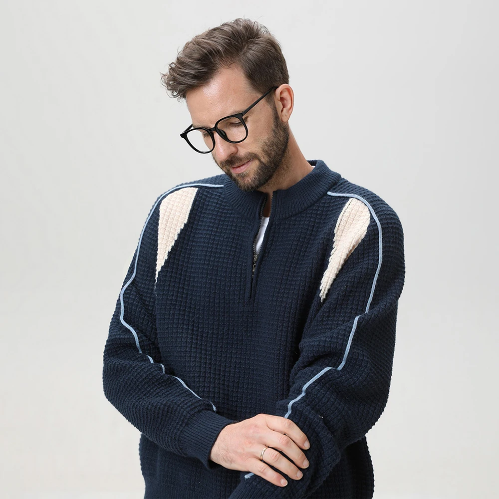 

BROWON 2025 мужской свитер из искусственного меха оленя на молнии, мужской осенне-зимний новый цветной блок с текстурой сетки, толстые теплые вязаные свитера мужские