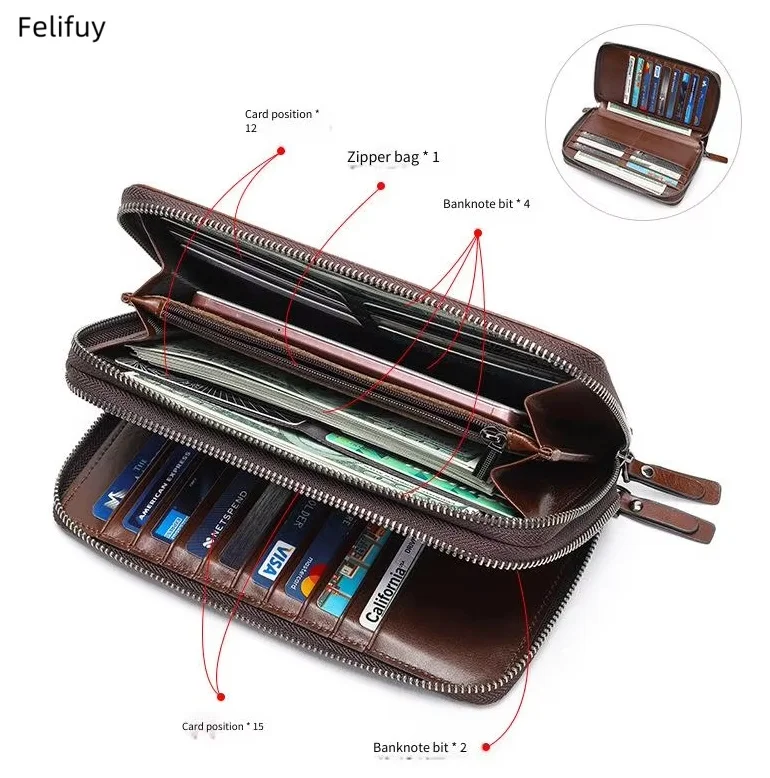 Men's Genuine Leather Double Zipper Long Wallet with Large Capacity Multi-Card Slots, Vintage Soft Cowhide Handheld Men Wallet