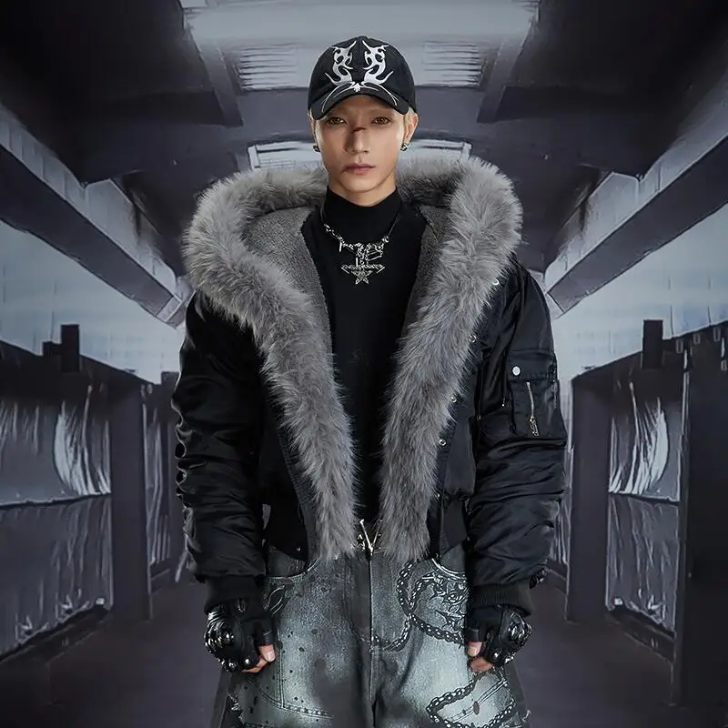 MWJLPWQ Men's Detachable Fur Collar Studded Hooded Padded Embroidered Design Fleece Short Jacket Ruched Sleeves Street Top 13007