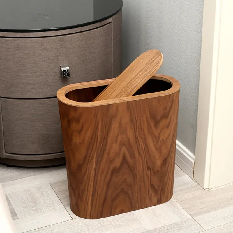 New Chinese Style Narrow Seam Wood Garbage Bin Family Living Room Bedroom Waste Disposer Kitchen Bathroom Large Paper Basket