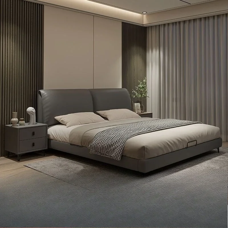 Italian minimalist, leather bed, master bedroom, wedding bed, sensor light, suspension