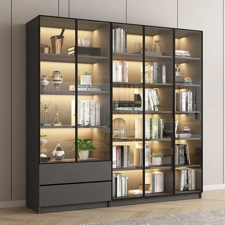 Factory Wholesale Modern Design Living Room Showcase Rack Wall Storage Shelf Glass Door Wood Stand Display Cabinet
