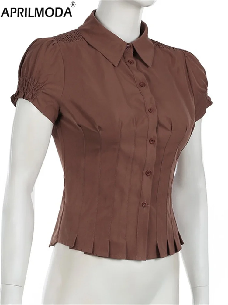 2025 Solid Hot Girl Vintage Harajuku Retro Y2K Damesshirt Korte mouw Button-Down Goth Punk Rock Esthetische Hottie Blouse jaren 90