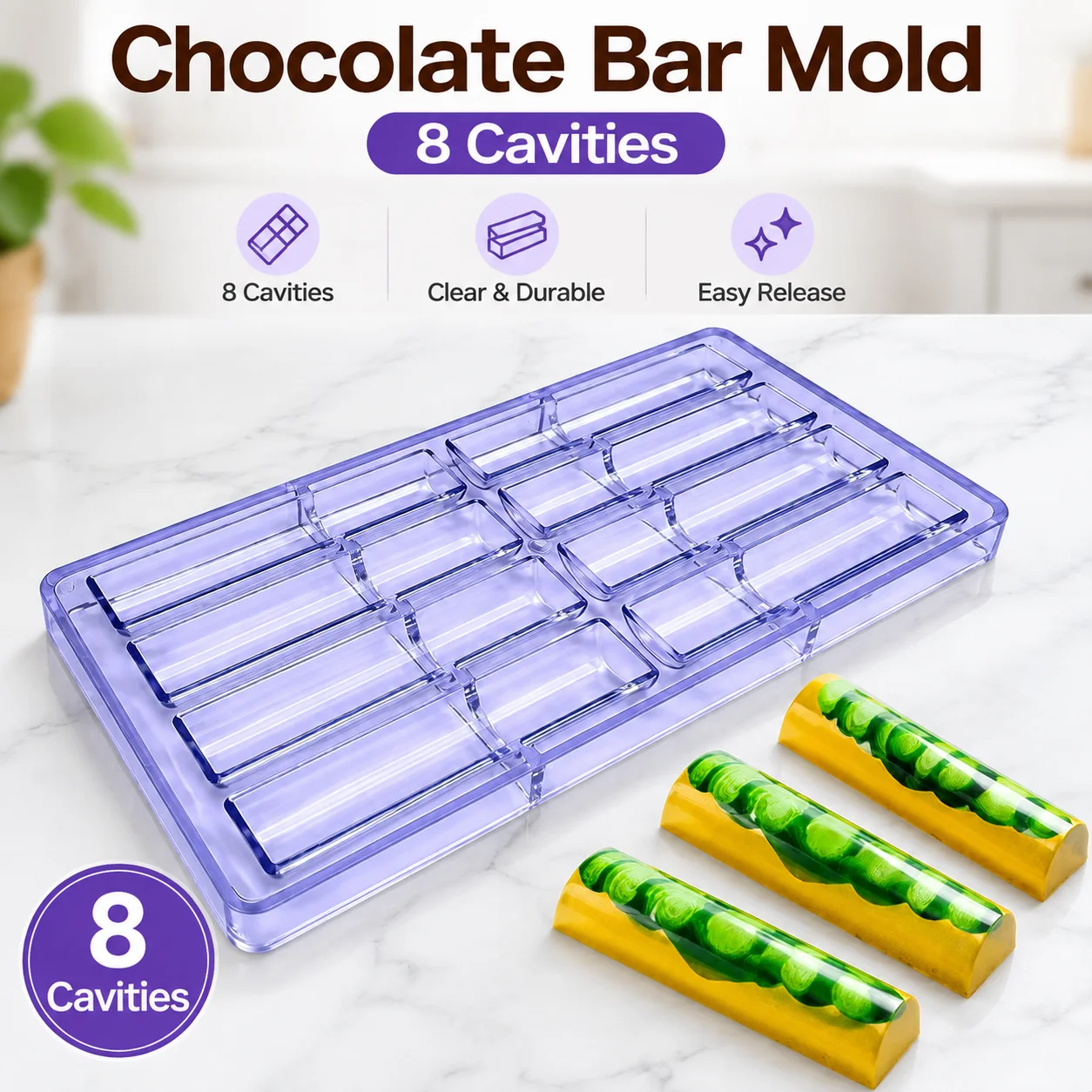 Polycarbonate Chocolate Mold, 8‑Cavity Long Half‑Cylinder, Semi‑Round Strip Candy Bar Mold for Homemade Confectionery