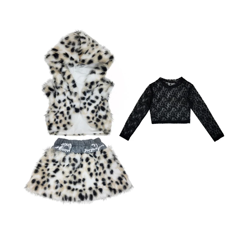 어린이 재즈 댄스 의상 소녀 레오파드 힙합 댄스 공연 의상 어린이 볼룸 댄스 의류 레이브 착용 XS10746