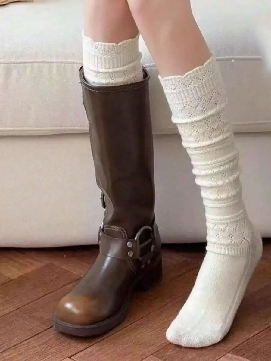 1 Pair Hollow Out Layered Leg Warmers Socks, Knitted Mid-Calf Socks, Sweet & Versatile White Socks For Autumn/Winter