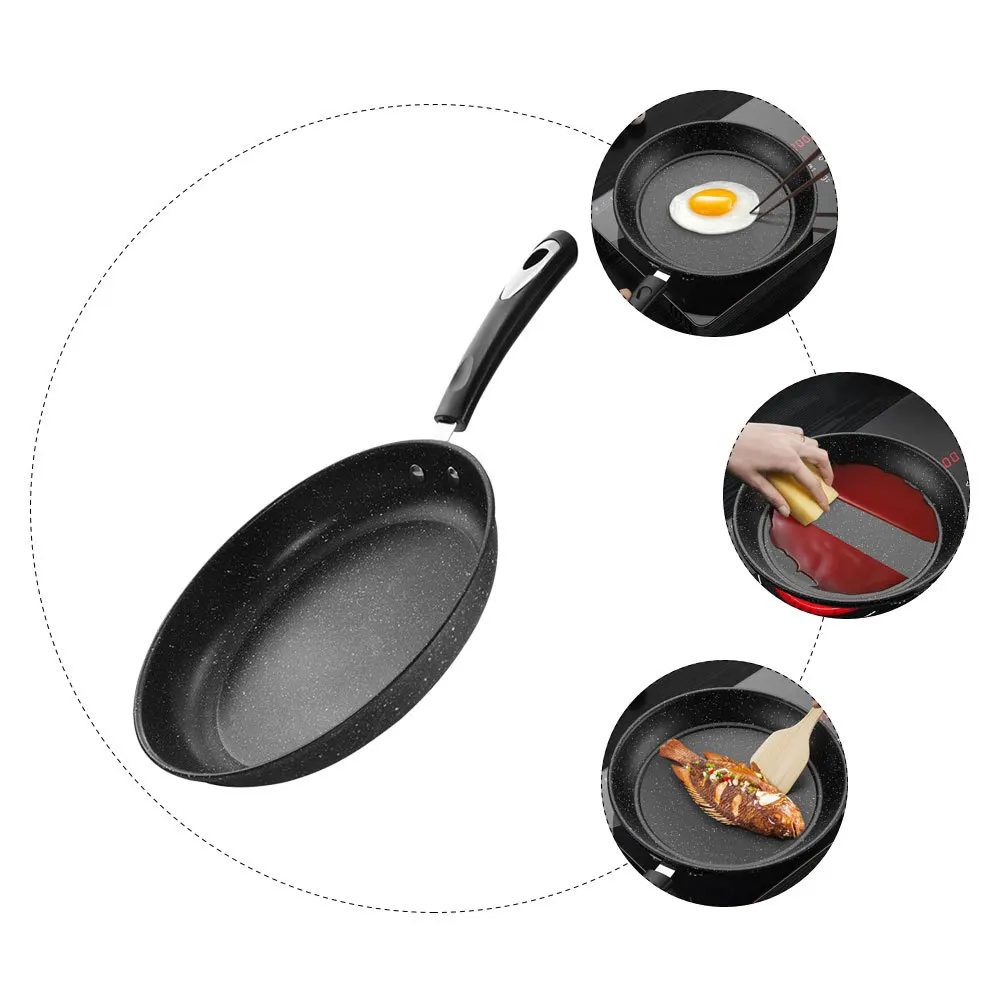 

1 pc Rounded Frying Pan Black Non-Stick Cast Iron Cooking Pan For Steak Camping Outdoor Grilling Stone Coating Kitchen