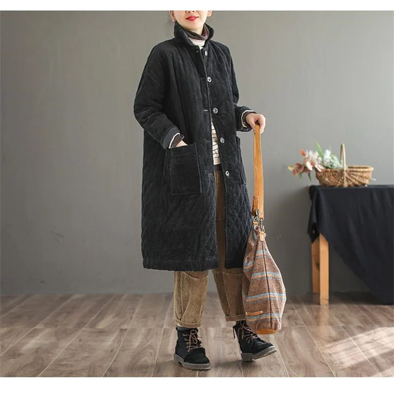 2024 New, Autumn Winter Vintage Corduroy Cotton Padded Jackets,For Women Clothes,Winter Long Coats,Casual Warm Female Overcoats,