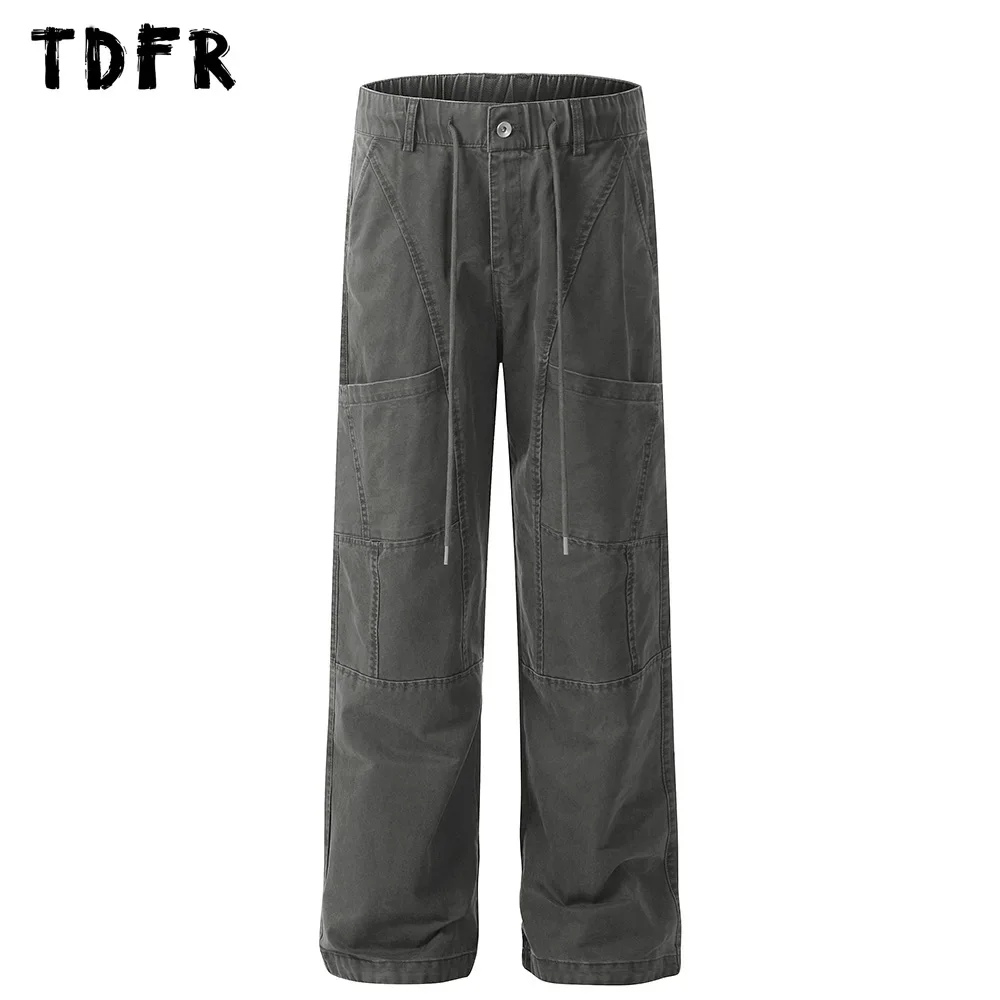 Pocket Spliced Cargo Pants Mens Retro Streetwear Wide Leg Straight Elastic Waist Washed Distressed Loose Trousers Men