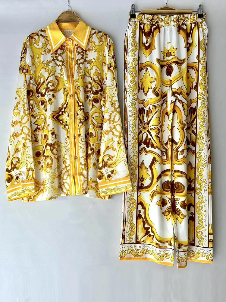 Luxury Printed Loose Long-Sleeved Shirt 2026 Spring and Summer Women's Two-Piece Suit + Elastic Waist Straight Pants Casual Suit
