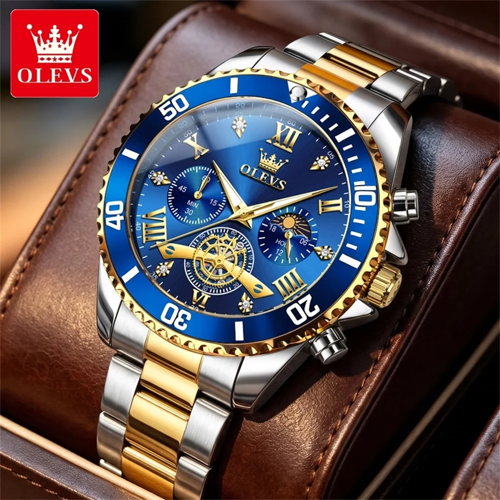 Luxury OLEVS Quartz Gold Metal Band Watch Sun Moon Phase Tourbillon Window Luminous Waterproof Male Dress Sport Watch