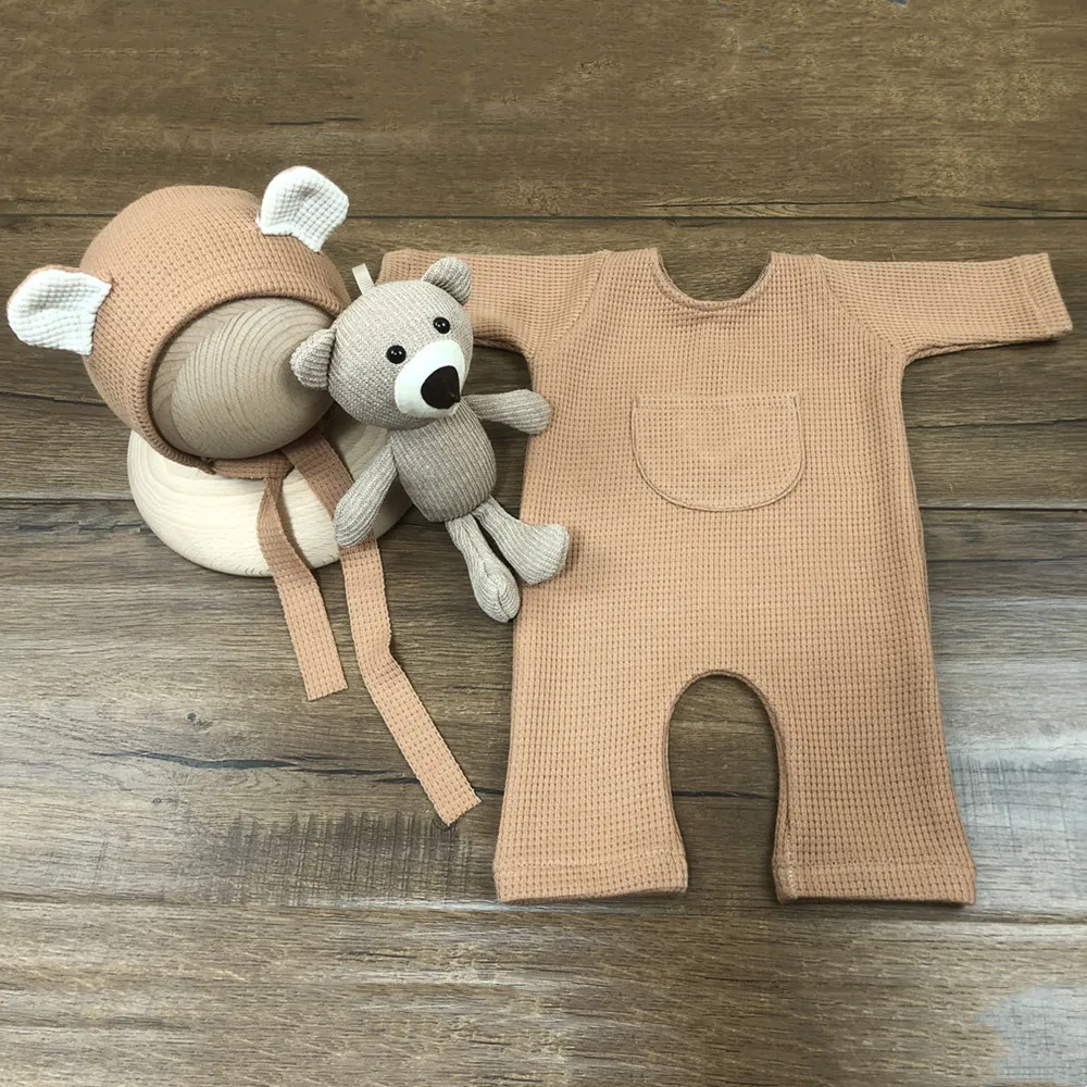 Baby Photoshoot Costume Casual Simple Rompers+Bear Ear Cap+Bear Doll 3pcs/sets Newborn  Photography Jumpsuit Pants Outfits