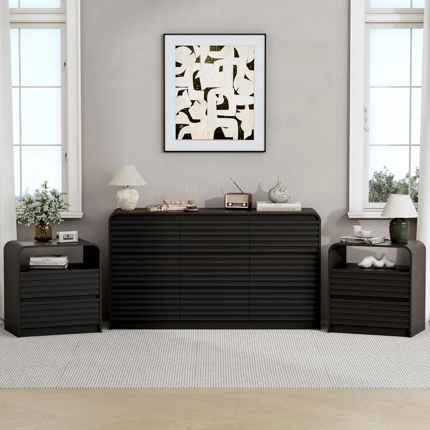 9 Drawer Dresser & Nightstand Sets Bedroom Furniture 3 Pcs Black, Customized