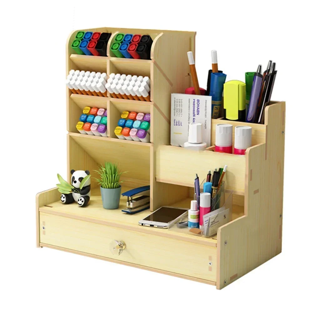 Wooden Desk Organizer Student Stationery Storage Box For Cosmetics School Office Home Large-Capacity Storage Pen Holder