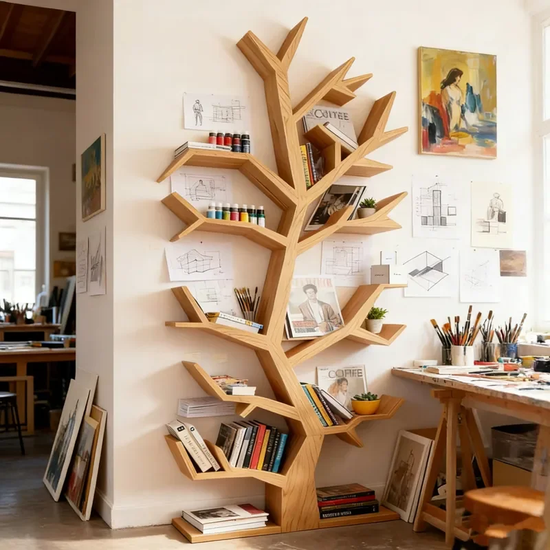 Solid Wood Creative Wall Branch Shelf for Kindergarten Library Office Porch Living Room Special Shaped Bookshelf Entryway