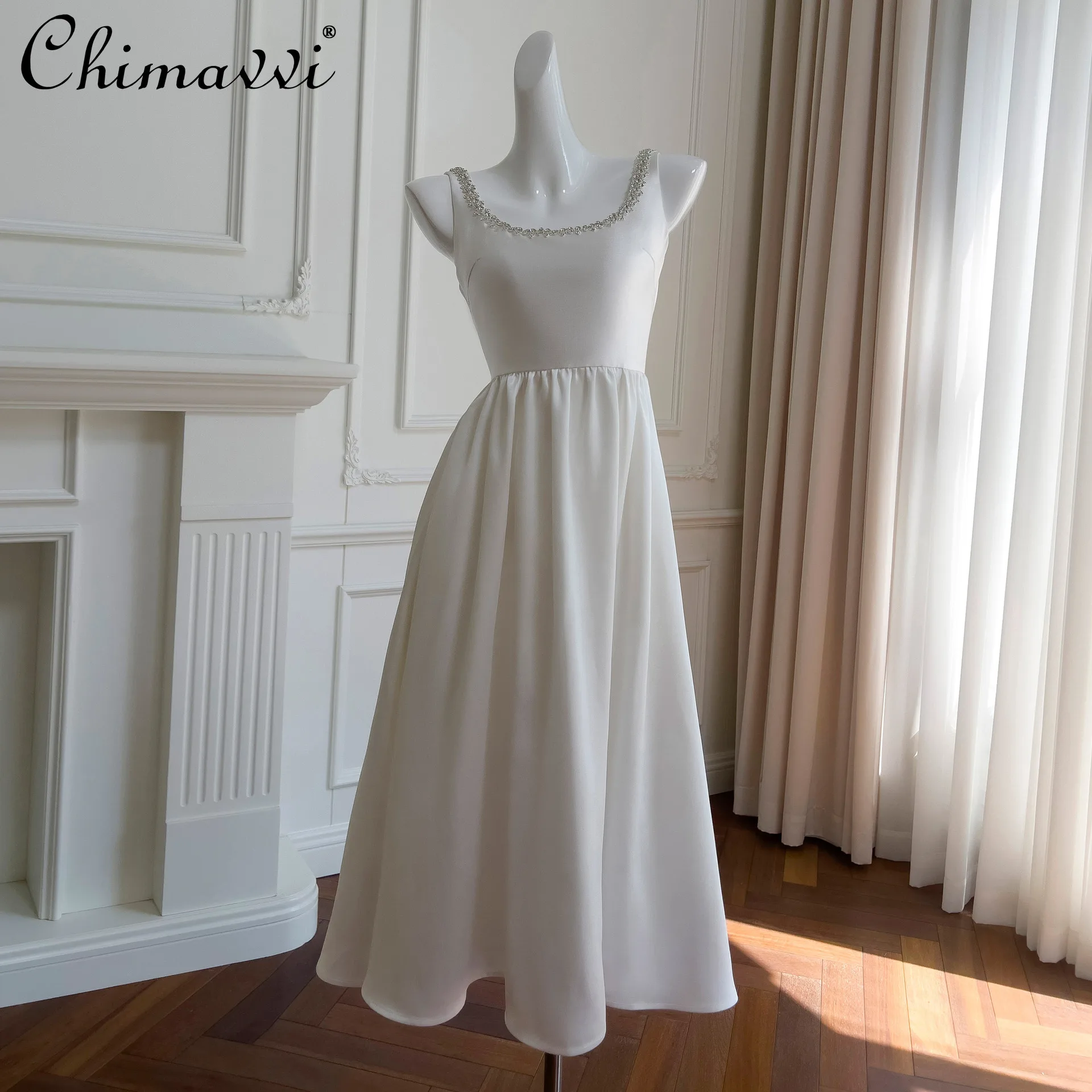 

French Elegance Temperament Diamond Round Neck Sleeveless Backless High Waist Slim A-line White Sling Long Dress Women Summer