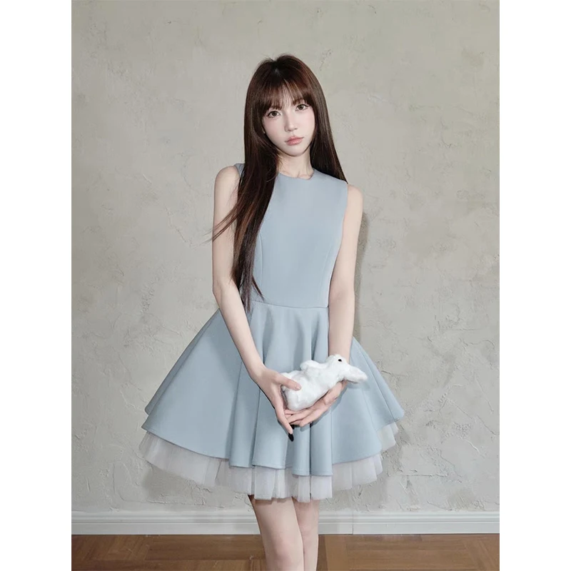 Czarna Mini Sukienka Vintage Damska Elegancka Impreza Bal Siatka Patchwork Białe Sukienki Letnie Koreańskie Bez Rękawów Obcisła Sukienka Vestidos
