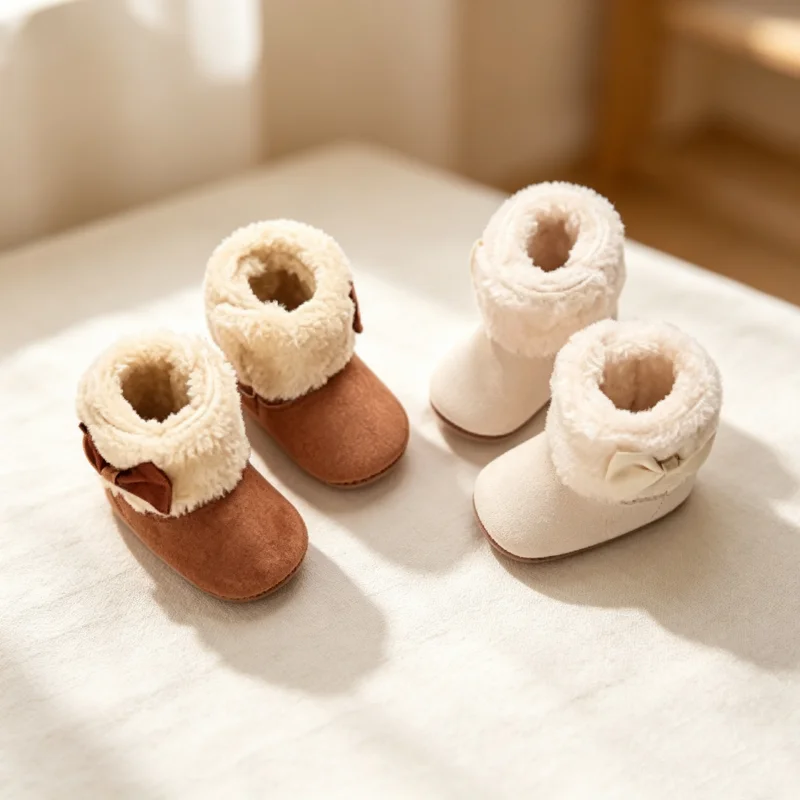 Baby Shoes 0‑1Y Winter Fleece Lined Bow Boots Soft Warm Learning Walk Crib Shoes for Girls