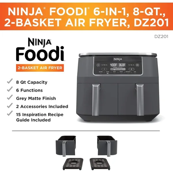 Ninja DZ201 Foodi 6-in-1 2-Basket Air Fryer with DualZone Technology, 8-Quart Capacity, and a Dark Grey Stainless Finish