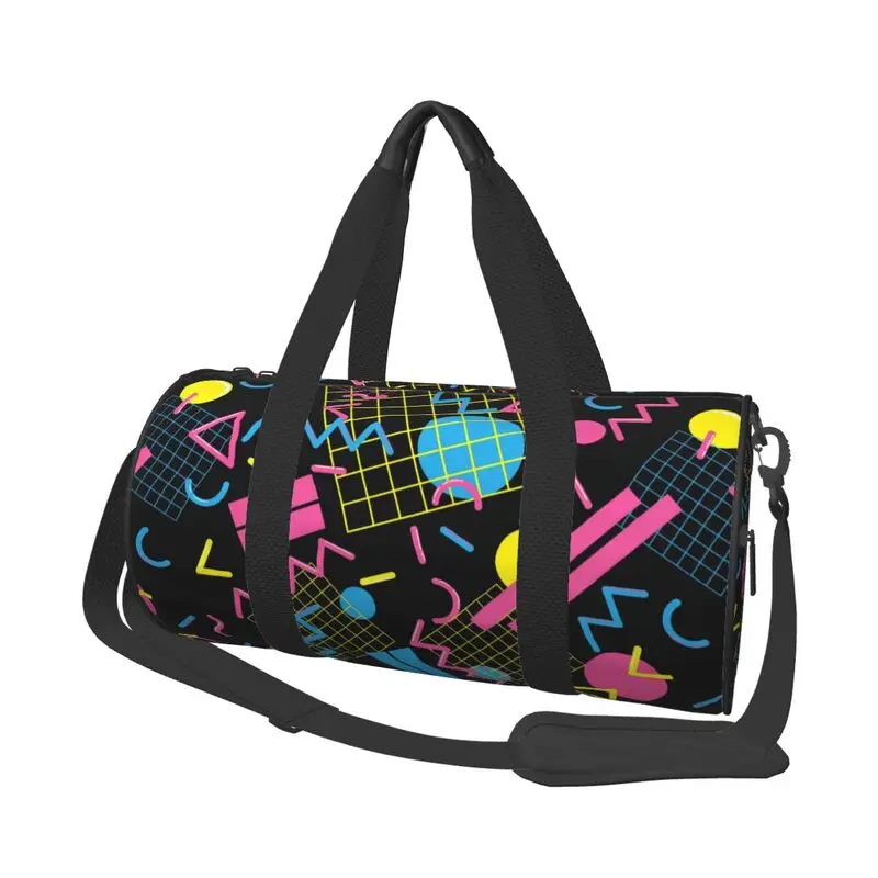Retro 80s 90s Geometric Print Round Travel Duffel Bag Large Capacity Fitness Bags Unisex Portable Waterproof Sports Gym Yoga Bag
