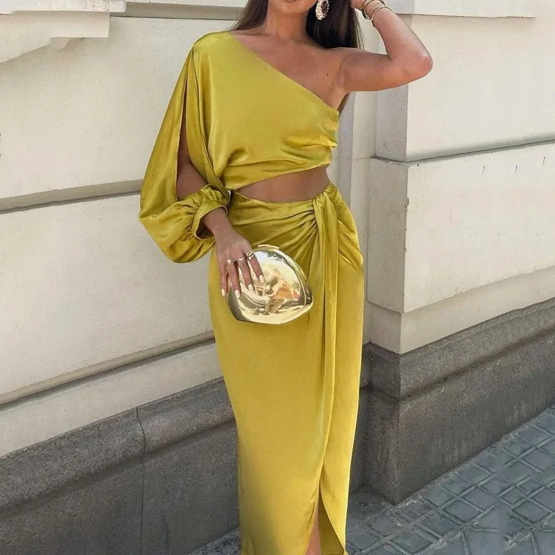 

Сексуальное женское длинное платье-футляр с высокой талией, рукавом-фонариком, на одно плечо, из полиэстера, на молнии, силуэт H