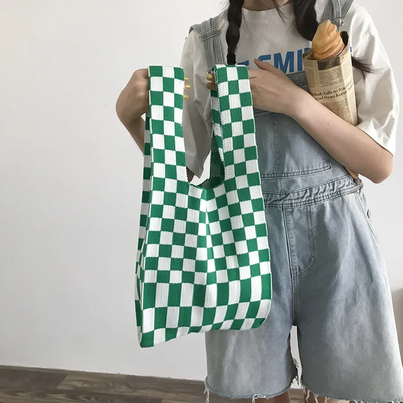 Knitting Fabric Women Handbag Chequer Chess Design Eco Small Shopping Bag Decoration Purses Woolen Plaid Cloth Tote for Ladies