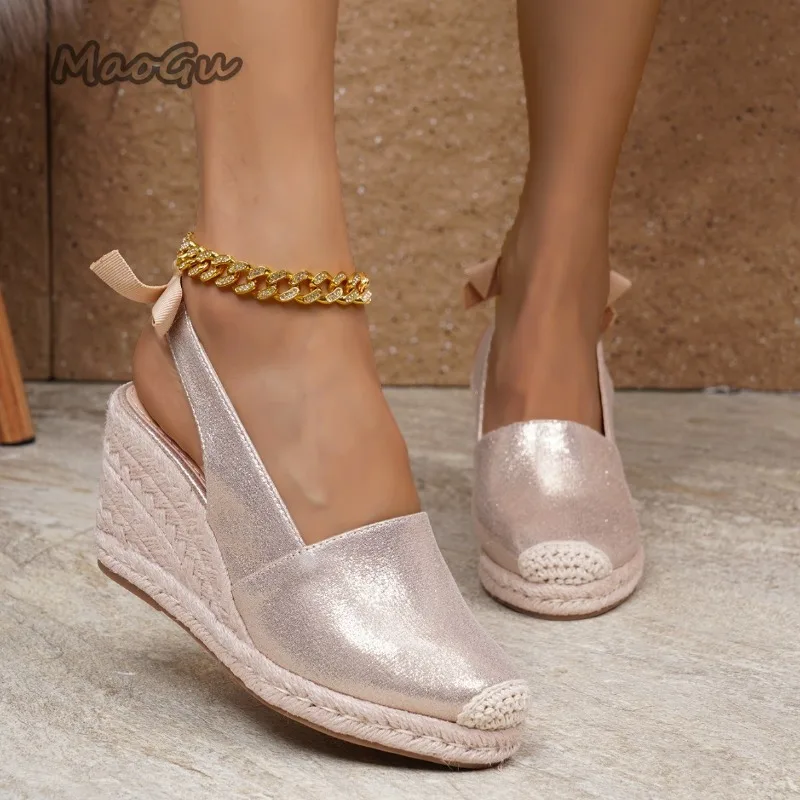Champagne Glitter Slingback Espadrille Wedge Sandals Round Crochet Toe Back Bow Women's Fashion Platforms Sandals Size 35-43