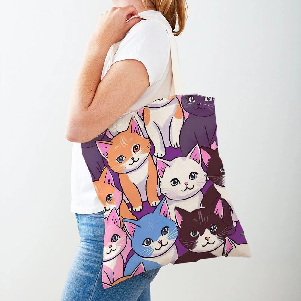 Cute Cartoon Cat Women Shopper Bags Tote Double Print Watercolor Pet Animal Travel Shoulder Handbag Shopping Bag Children Gift
