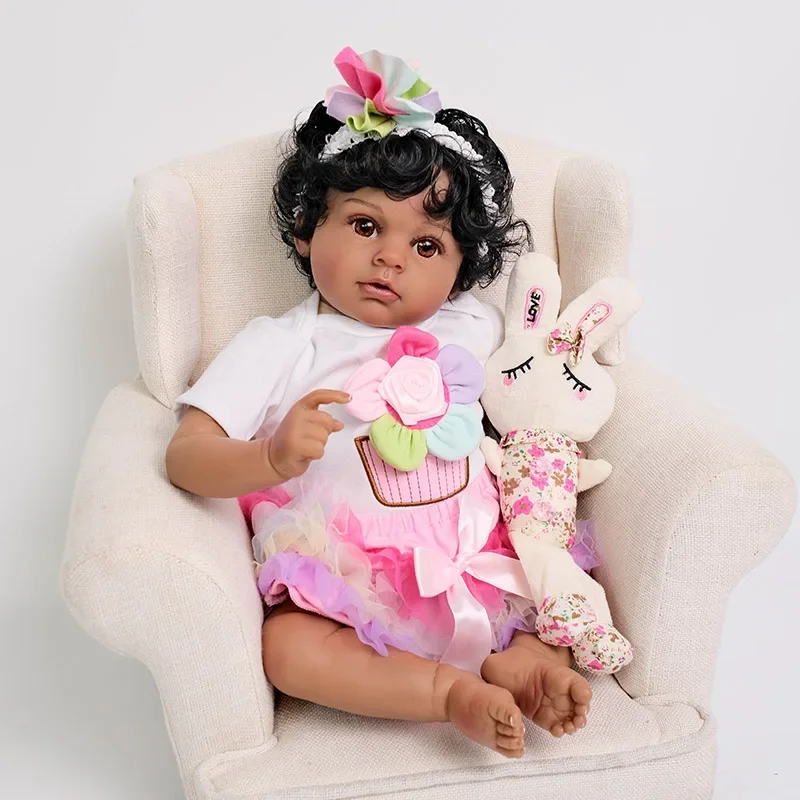 55cm Soft Silicone Reborn Baby Ariaana Newborn Baby Doll Babies Lifelike Dark Skin Doll for Children Birthday Xmas Gift