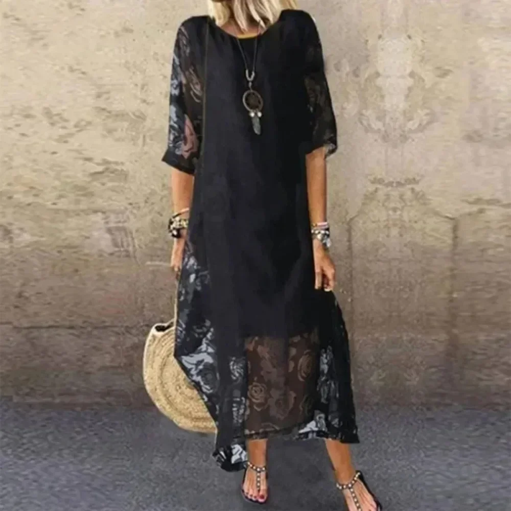 Women\'s Plus Size 1XL-5XL Summer Round Neck Short Sleeve Lace Long Dress Vintage Handmade Hollow Out Flower Dresses