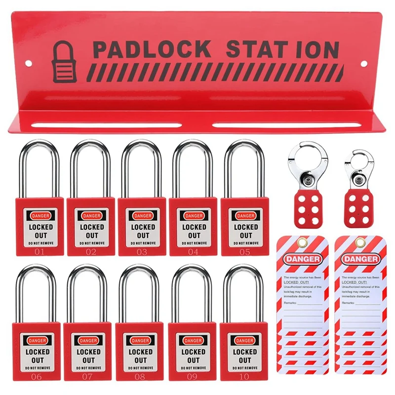 Lockout Tagout Station With 10 Keyed Different Safety Padlocks 2 Hasps And 10 Lockout Tags, Iron Loto Locks Rack